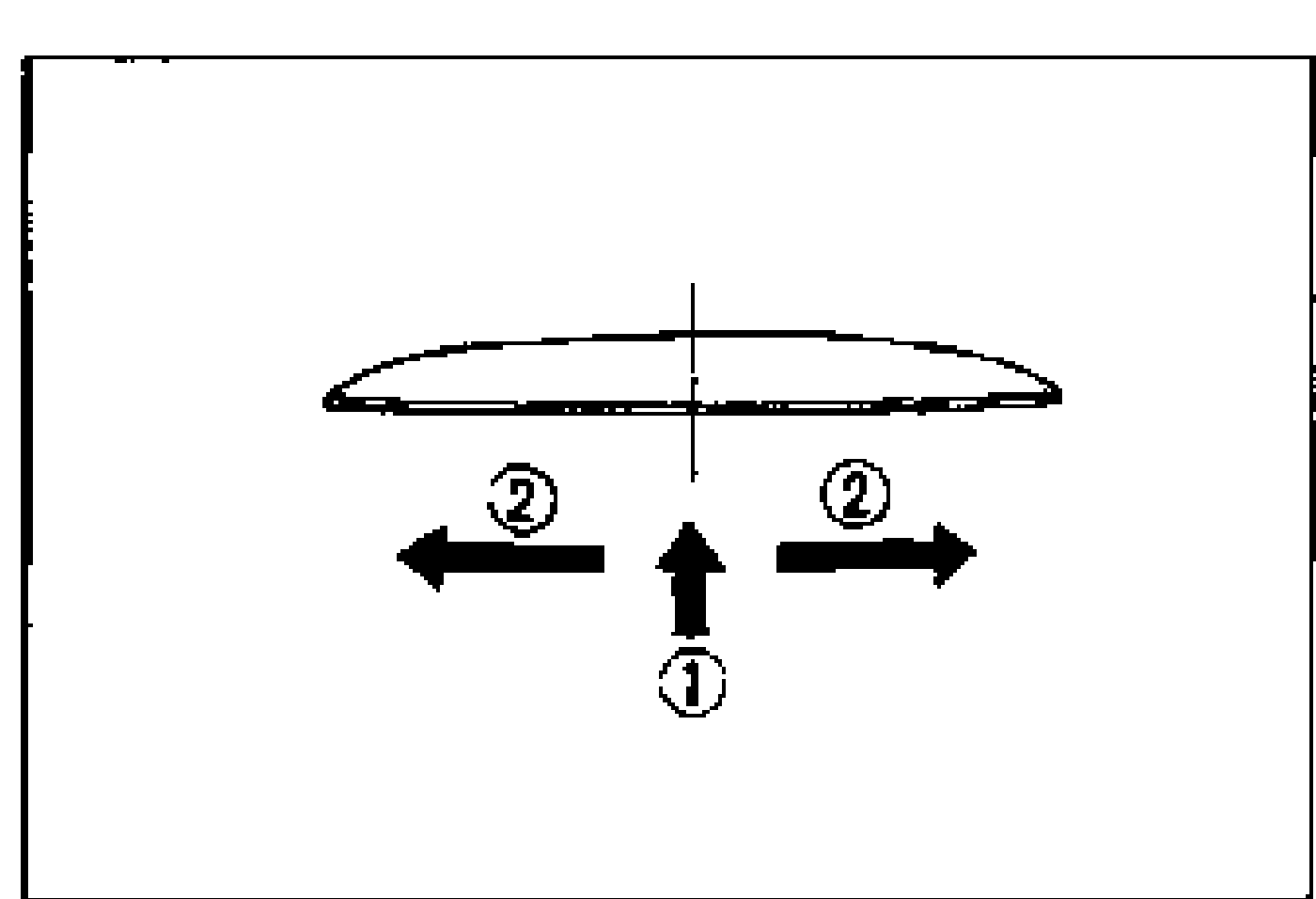 Outline of the curved molding/glass with an up arrow at the center labeled 1 and outward arrows toward both ends labeled 2, indicating the molding is pressed from the center outward.