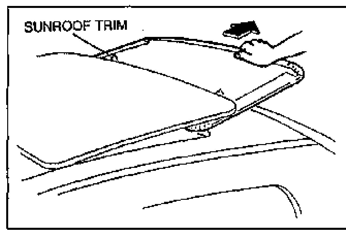 View of the sunroof trim at the roof opening with an arrow showing it being pulled out from between the slide panel and the roof. Label: SUNROOF TRIM.