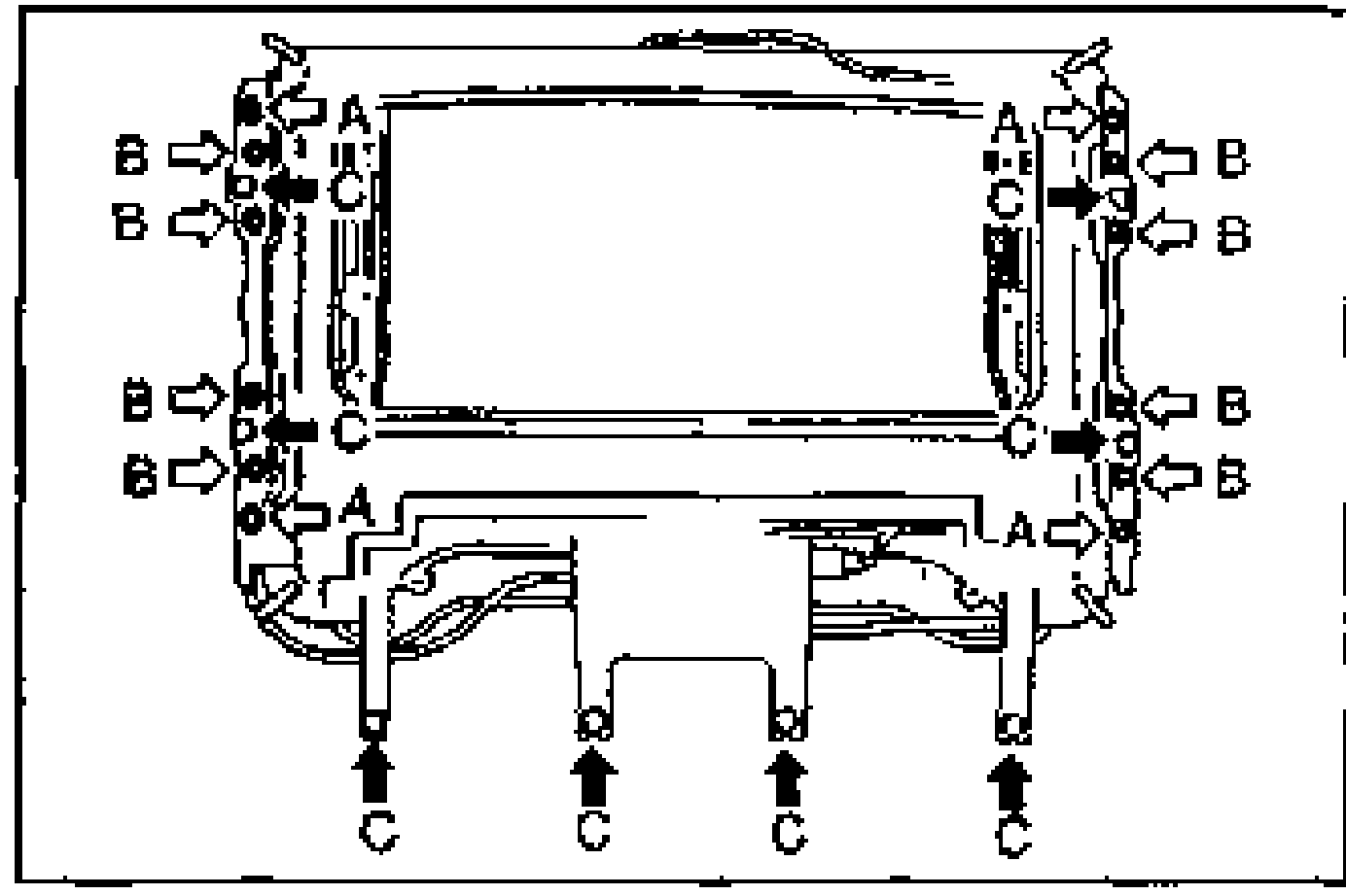 Top view of the sunroof drive unit / frame showing the locations of height adjusting nuts A, nuts B (arrows pointing in from the sides), and bolts C (arrows pointing up from the bottom).