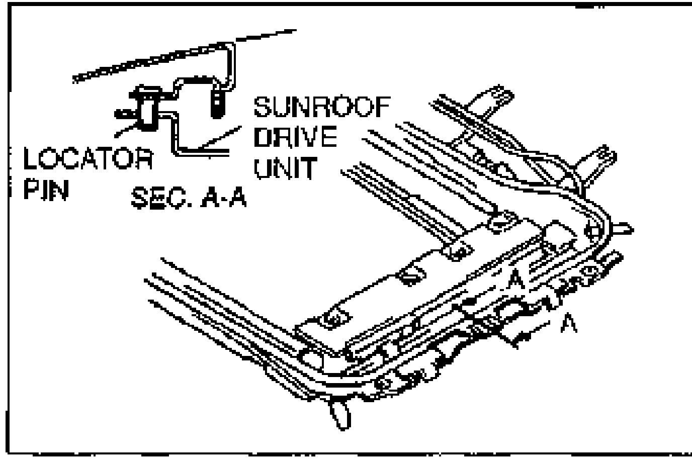 Detail of the sunroof drive unit set onto the roof panel, with Section A-A showing the locator pin engagement. Labels: SUNROOF DRIVE UNIT, LOCATOR PIN, SEC. A-A.