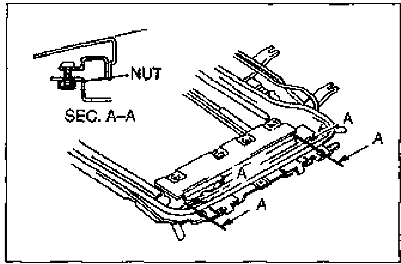 Detail of the height adjusting nut on the sunroof drive unit installed to the roof panel, with Section A-A. Labels: NUT, SEC. A-A.
