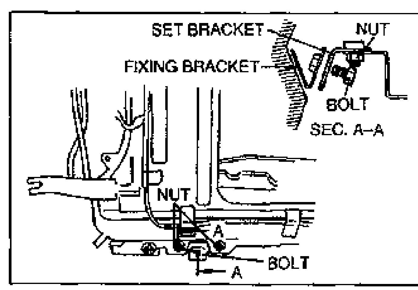 Section A-A detail of the sunroof set bracket and fixing bracket fastened with nuts and bolts to the roof panel. Labels: SET BRACKET, FIXING BRACKET, NUT, BOLT, SEC. A-A.