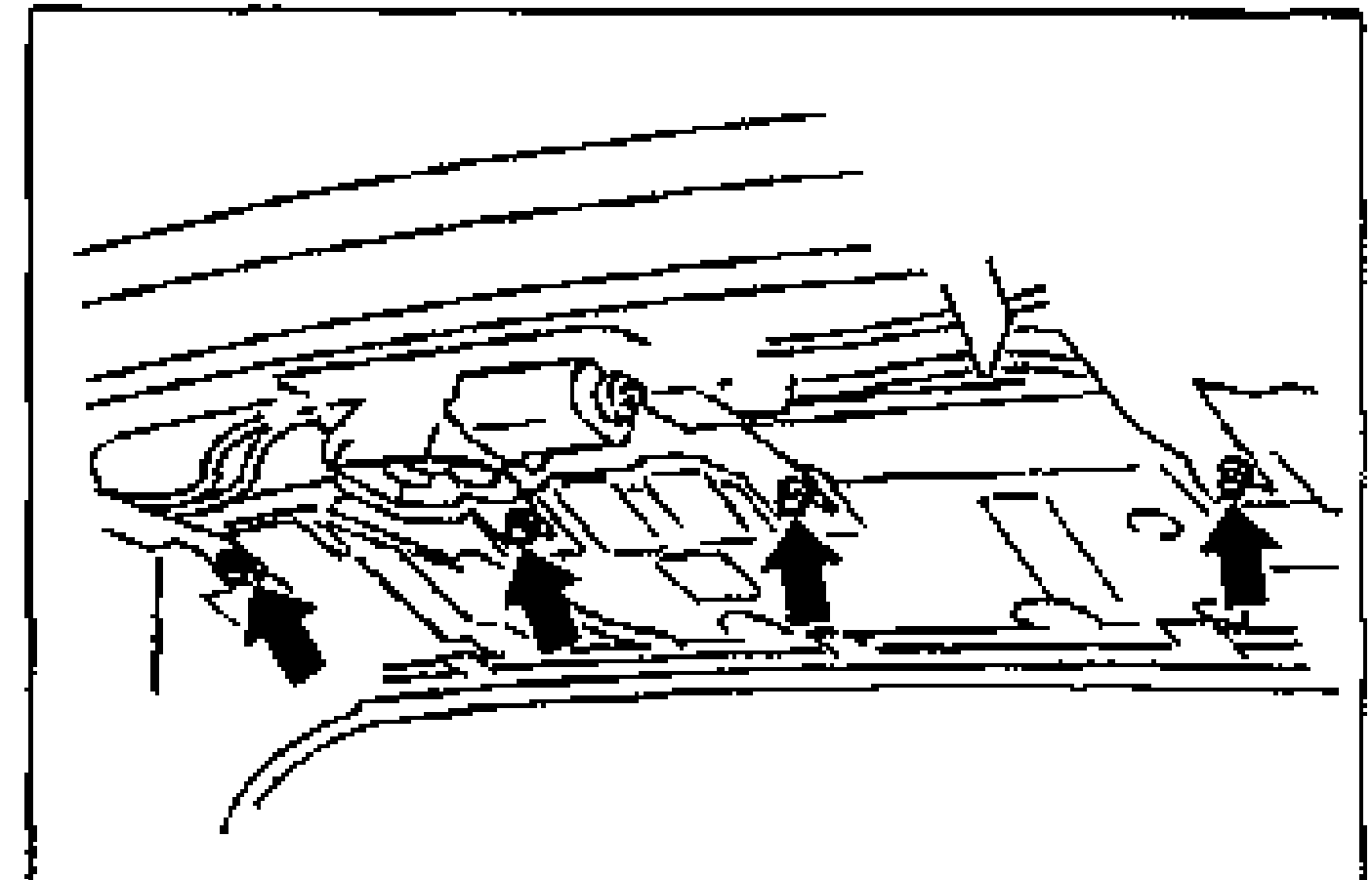 View of the rear of the sunroof frame being affixed to the roof panel, with arrows pointing up to the attachment points.
