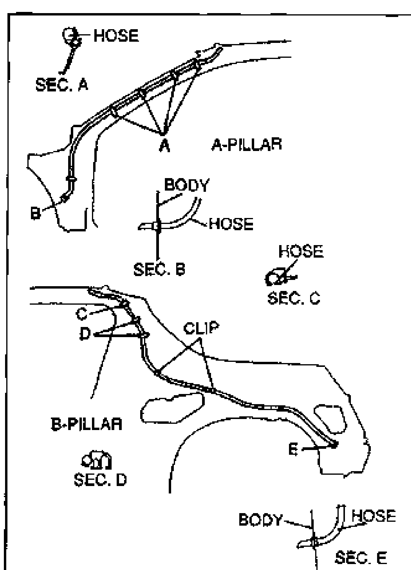 Drain hose routing diagram showing the hose along the A-pillar and B-pillar with section views A through E. Labels: HOSE, A-PILLAR, B-PILLAR, BODY, CLIP, SEC. A, SEC. B, SEC. C, SEC. D, SEC. E.
