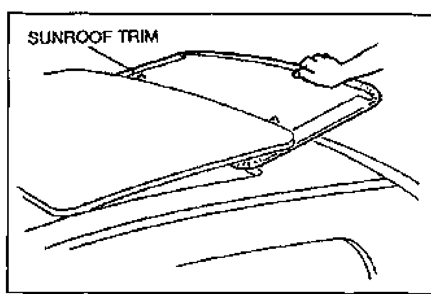 View of the sunroof trim being inserted between the slide panel and the roof panel from the rear of the vehicle. Label: SUNROOF TRIM.