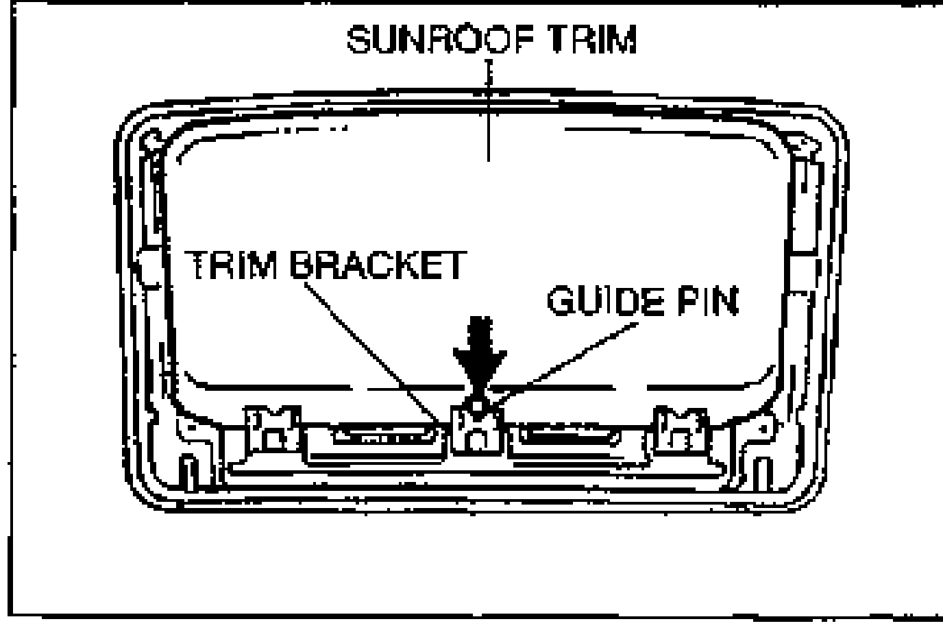 Underside view of the sunroof trim located in the slide panel trim bracket, with an arrow showing the guide pin matching the notch in the trim bracket. Labels: SUNROOF TRIM, TRIM BRACKET, GUIDE PIN.