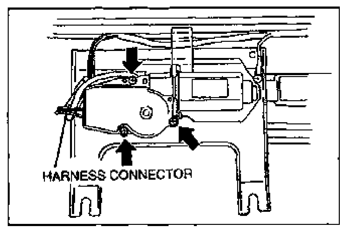 View of the sunroof motor assembly mounted to the sunroof frame, with arrows pointing to the attaching screws and the harness connector to be disconnected. Label: HARNESS CONNECTOR.
