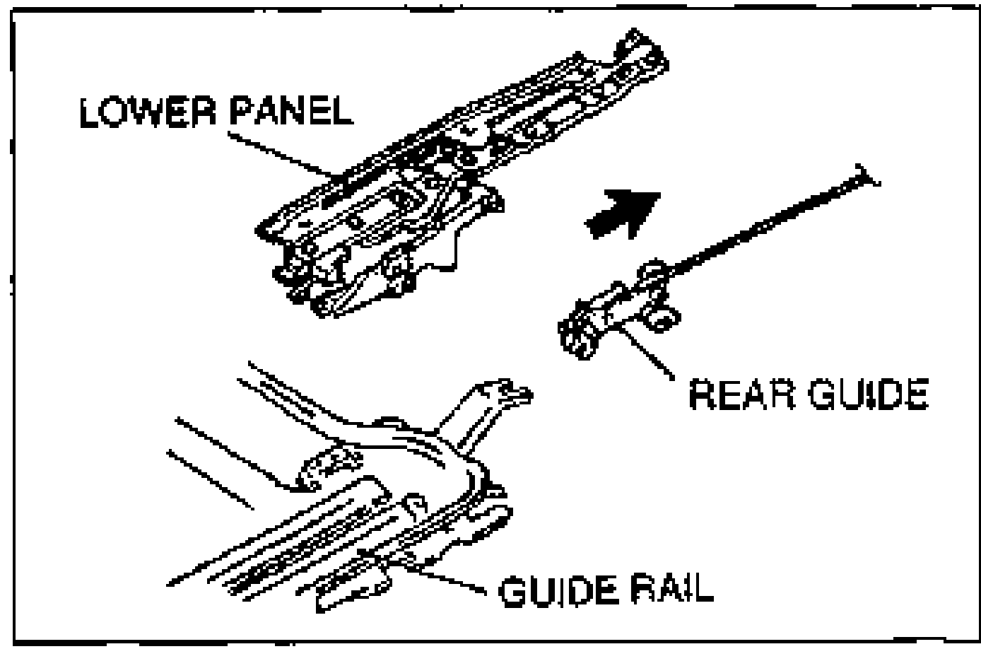 Detail of the lower panel, rear guide and guide rail with an arrow showing the rear guide being pulled rearward off the guide rail. Labels: LOWER PANEL, REAR GUIDE, GUIDE RAIL.