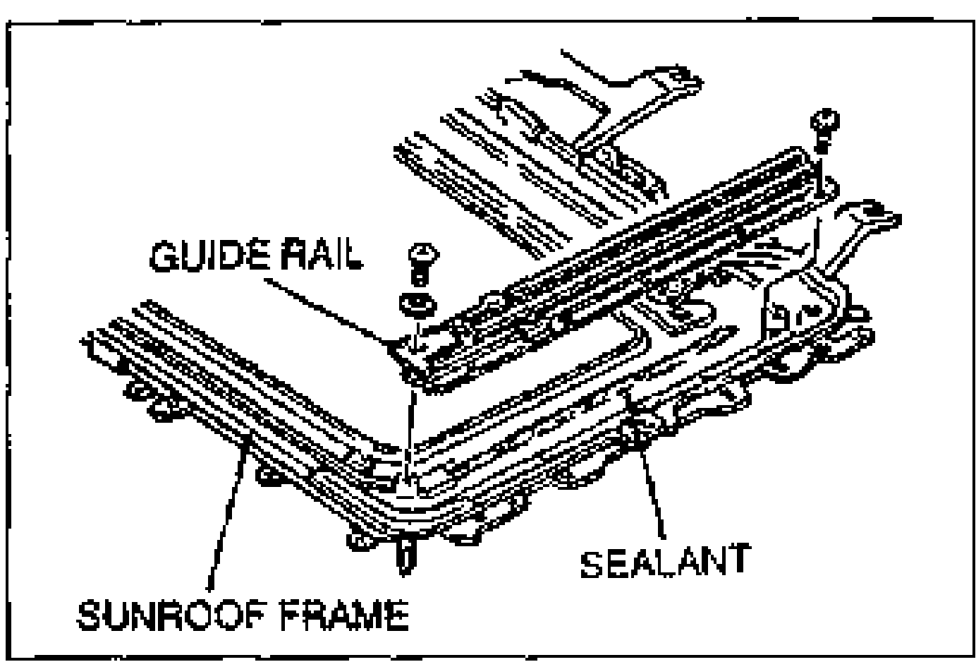 Detail of the guide rail attached to the sunroof frame with sealant, showing the attaching screw. Labels: GUIDE RAIL, SUNROOF FRAME, SEALANT.