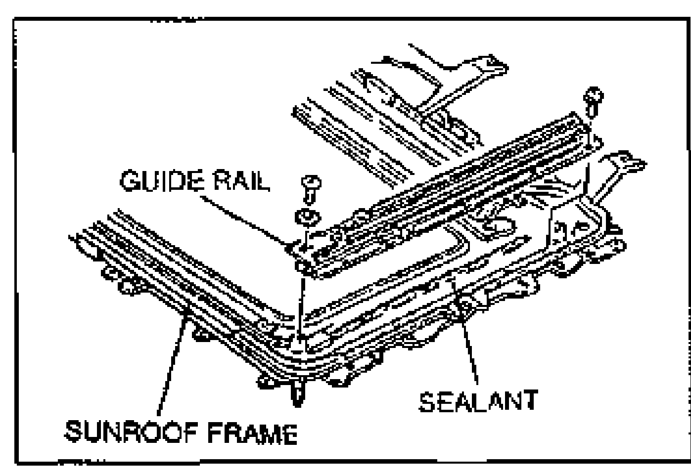 Detail of the guide rail installed to the sunroof frame with sealant and attaching screw. Labels: GUIDE RAIL, SUNROOF FRAME, SEALANT.