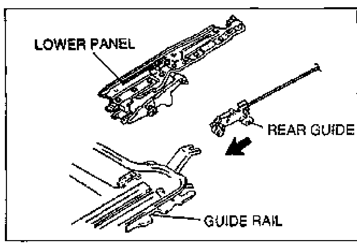 Detail of the lower panel and rear guide being installed to the guide rail, with an arrow indicating the install direction. Labels: LOWER PANEL, REAR GUIDE, GUIDE RAIL.