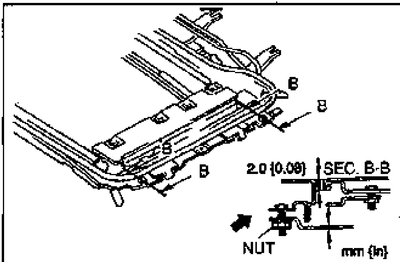 Exploded/sectional view of the sunroof frame and set bracket showing height adjusting nuts labelled 'B' and a NUT detail with 2.0 {0.08} dimension and SEC. B-B cross-section. An arrow indicates the adjustment direction.