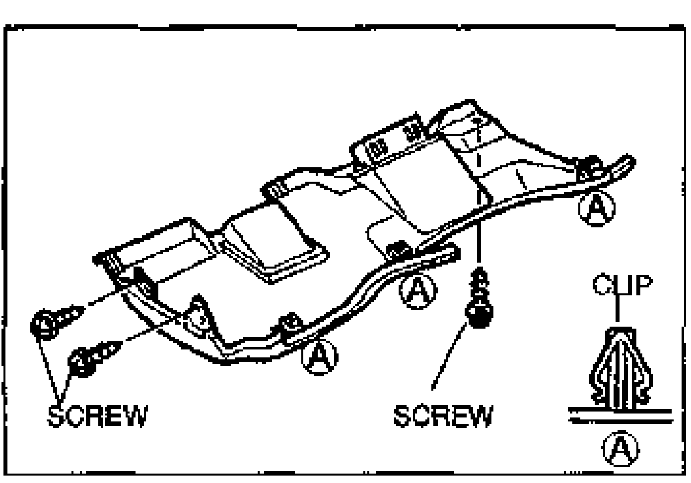 Lower panel removal detail showing the lower panel underside with SCREW callouts and a CLIP detail, plus lettered location markers A indicating clip/screw positions.