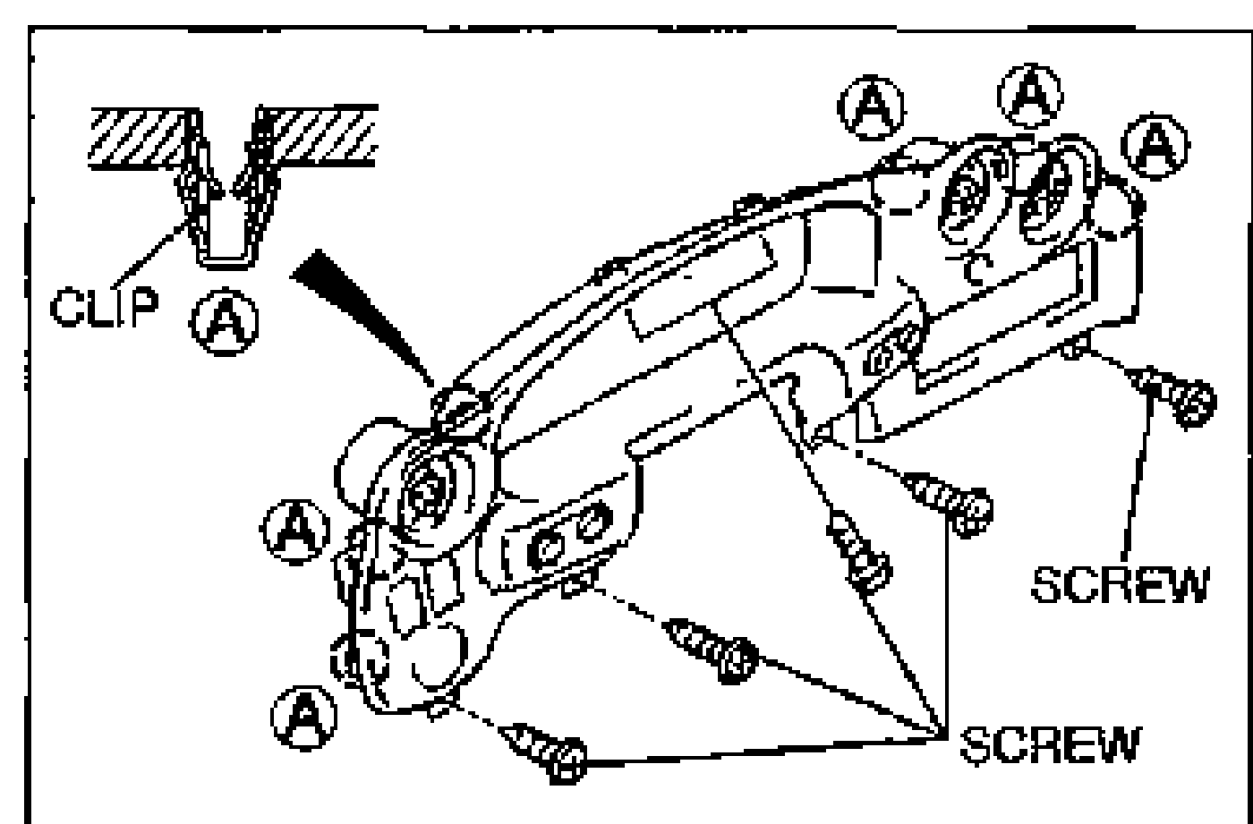 Meter hood viewed from the rear with multiple lettered clip-location markers A around the perimeter, a CLIP detail at the left, and two SCREW callouts pointing to the meter hood installation screws.