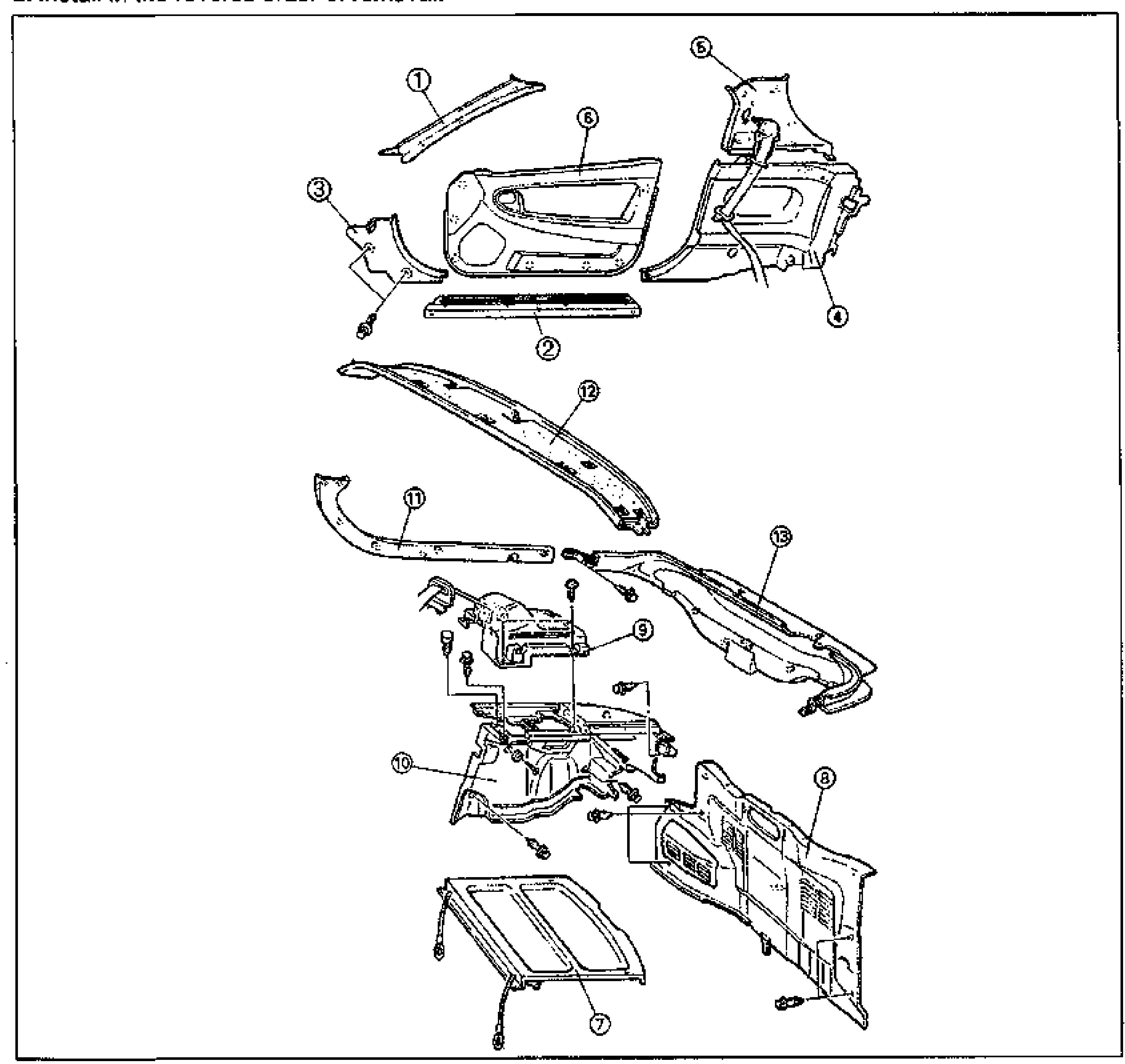 Exploded view of interior trim components with numbered balloon callouts 1-13. Shows A-pillar trim, scuff plate, front side trim, quarter trim, B-pillar trim, door trim, rear package trim, trunk end trim, rear speaker cover, trunk side trim, liftgate side/upper/lower trim arranged around the vehicle interior.