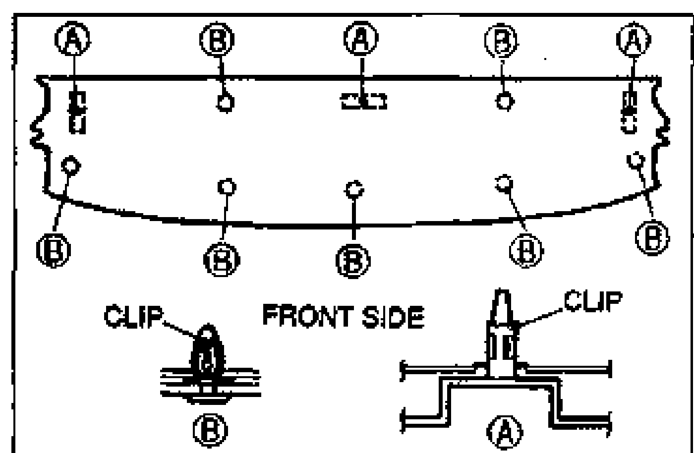 Liftgate upper trim viewed from the rear with lettered clip-location markers A and B along the top and bottom edges, a FRONT SIDE indicator, and two CLIP details (views A and B).