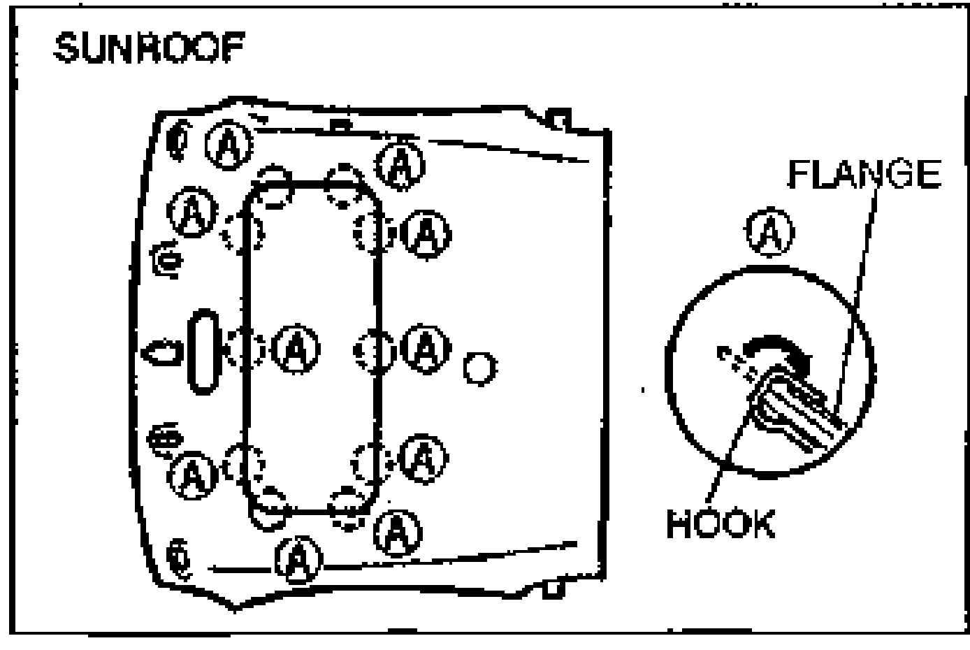 Lower diagram labeled SUNROOF showing the headliner perimeter with hook fastening points marked A, and a magnified detail of a HOOK folded onto the sunroof frame FLANGE (A). Illustrates the installation note for the with-sliding-sunroof model.