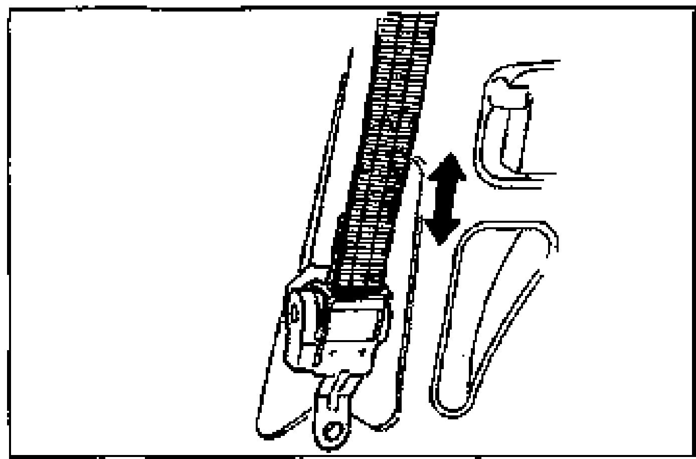 Webbing inspection illustration. Shows the seat belt webbing with a vertical double-headed arrow indicating the belt being pulled out and retracted, alongside detail sketches of belt fittings to be checked for deformation.