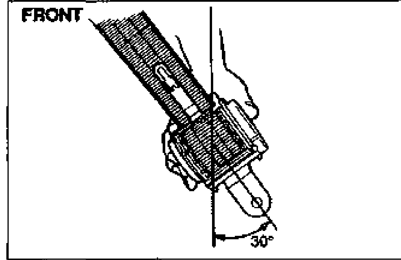 FRONT retractor lock test. A hand holds the front retractor inclined to a vertical reference line; the angle between the belt direction and vertical is marked 30°, the inclination at which the retractor should lock.