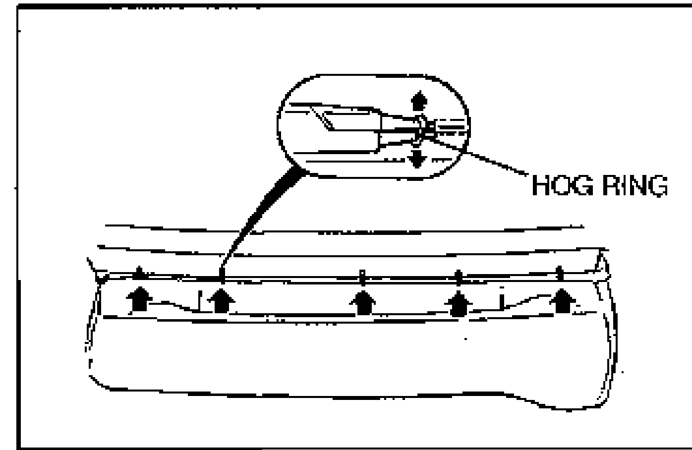 Illustration of the lower part of the seat back trim with arrows indicating hog ring locations along the bottom edge. An enlarged inset (oval) shows pliers spreading a hog ring labeled HOG RING.