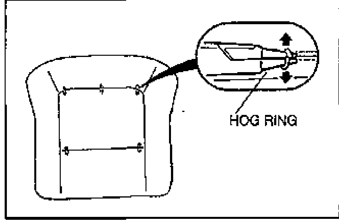 Front view of the seat back trim with hog ring positions marked across the frame. An enlarged inset shows pliers releasing a hog ring labeled HOG RING.