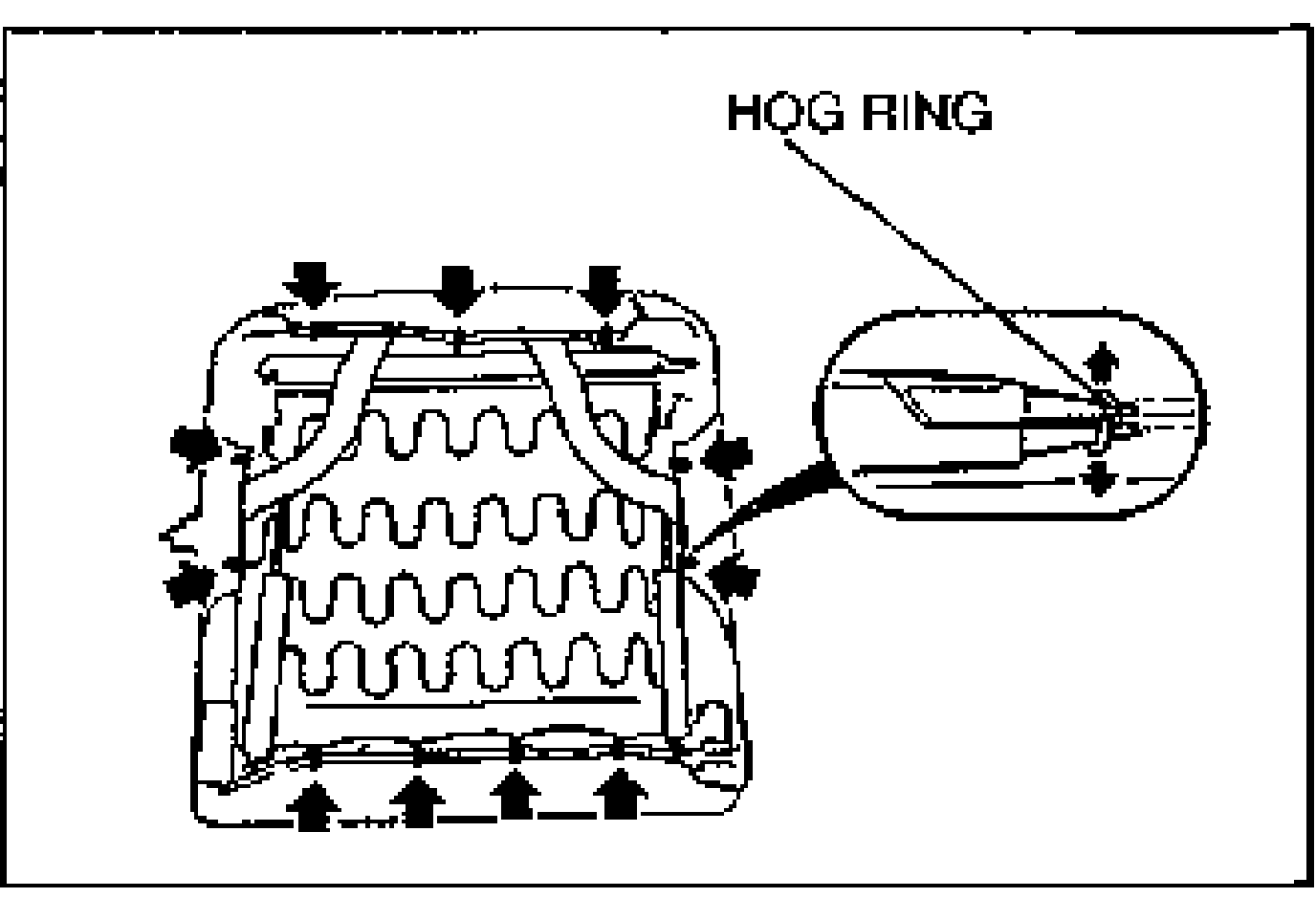 Bottom view of the seat cushion trim/frame with serpentine springs and arrows marking hog ring locations around the perimeter. An enlarged inset shows pliers on a hog ring labeled HOG RING.