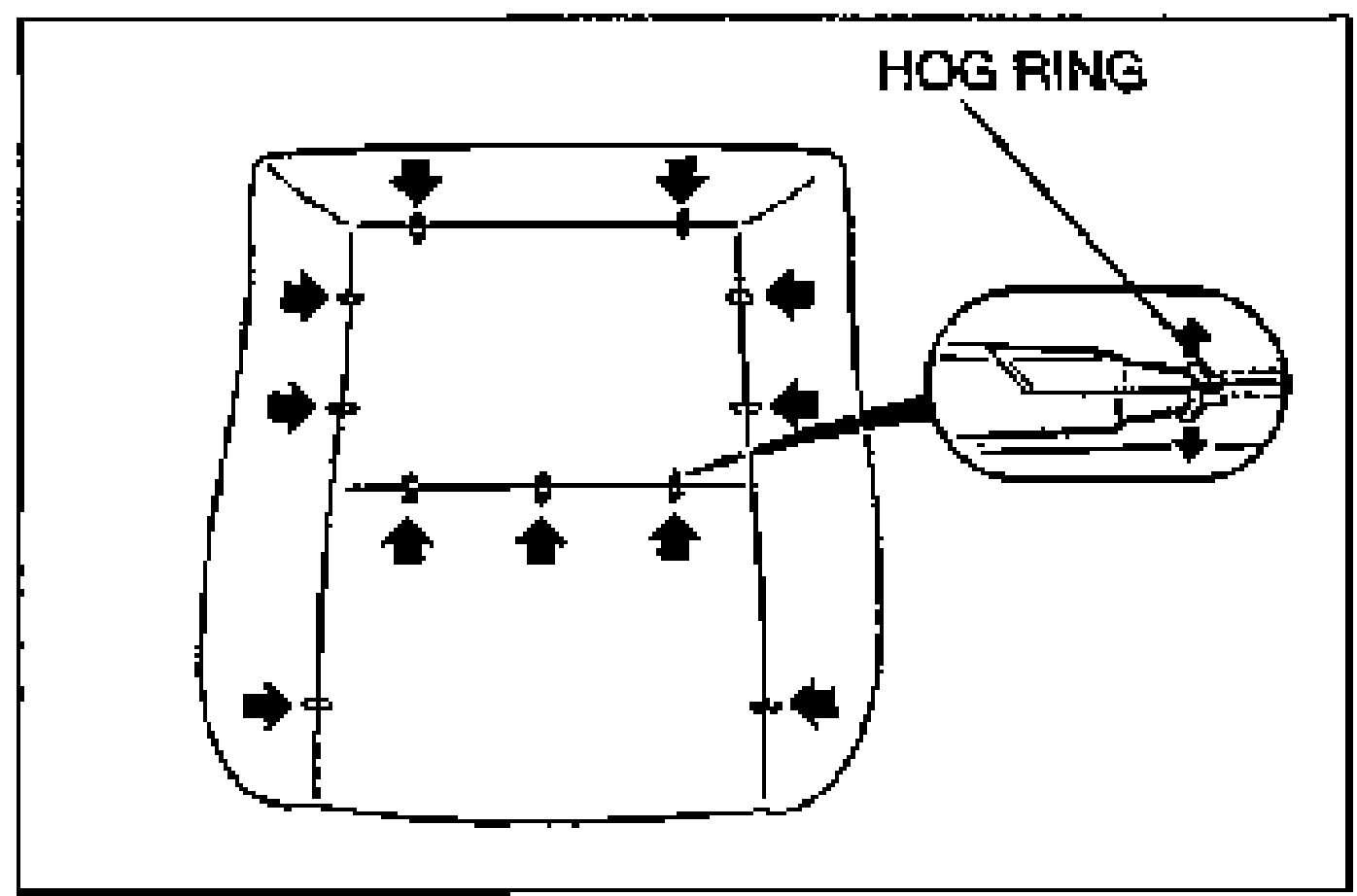 Seat cushion trim shown pulled away from padding with hog ring positions marked by arrows. An enlarged inset shows pliers releasing a hog ring labeled HOG RING.