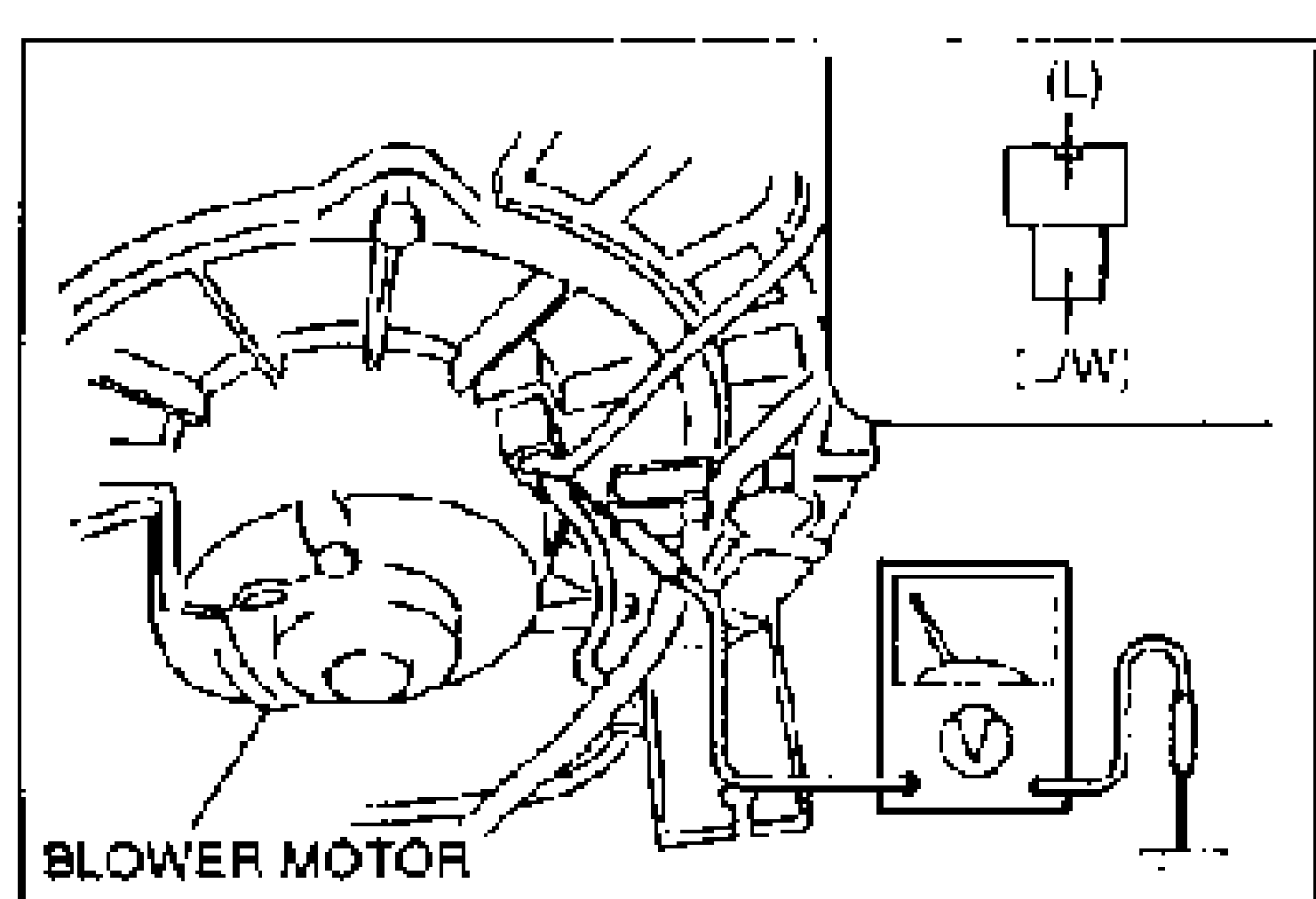 Measuring voltage at the blower motor connector with a voltmeter. Connector terminal layout shows wires (L) and (L/W).