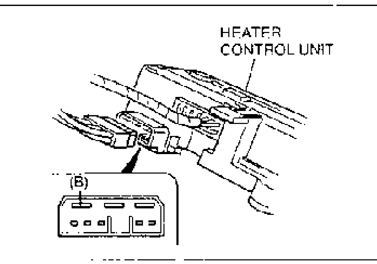 Illustration of the heater control unit with the fan switch connector and the (B) terminal wire indicated, for the Step 7 continuity check.