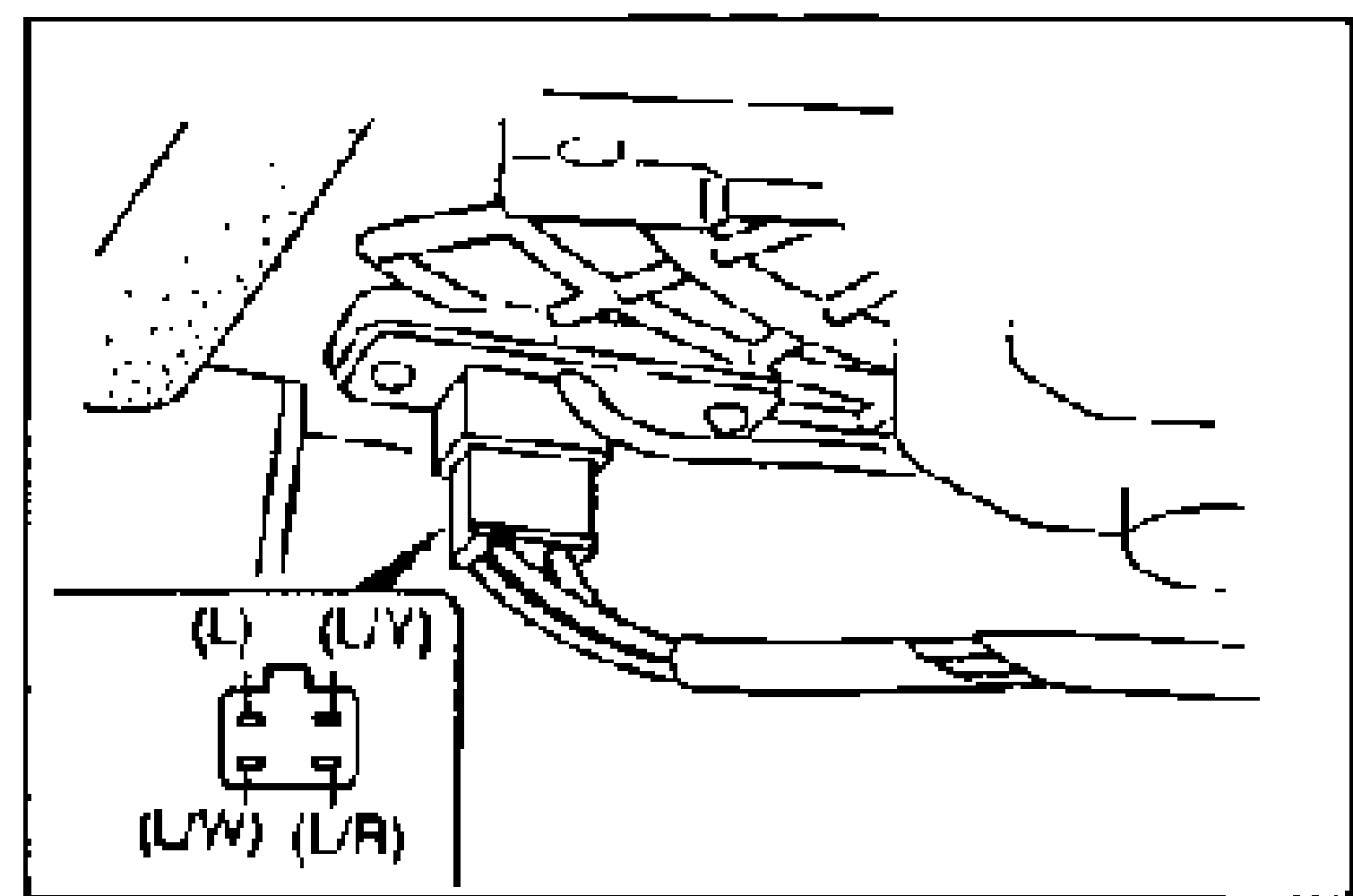 Illustration of the resistor connector under the dash with terminal wires (L), (L/Y), (L/W), (L/R) labeled, for the Step 1 voltage measurement.