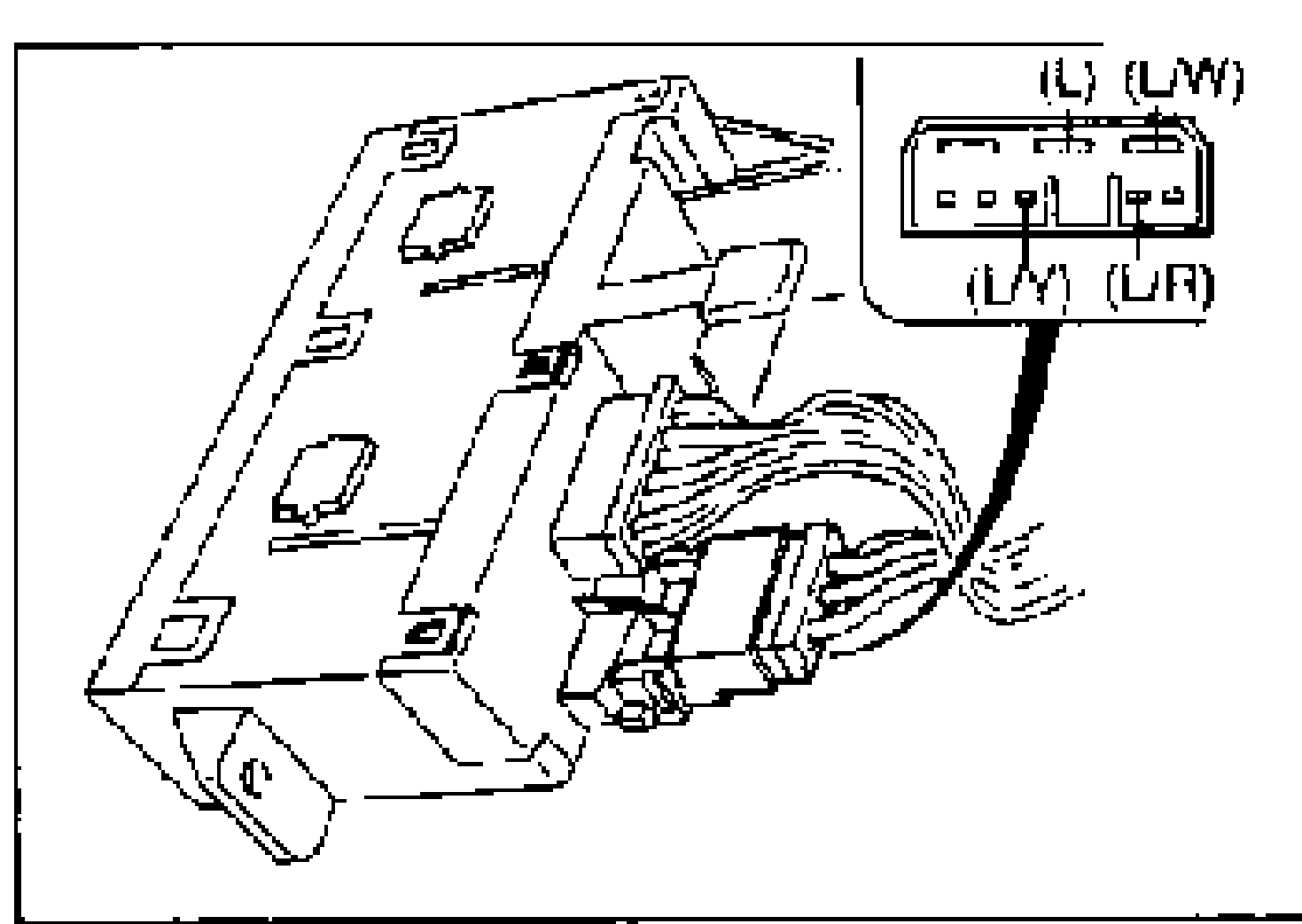 Illustration of the fan switch connector with its wiring harness; the connector terminal layout shows wires (L), (L/W), (L/Y), (L/R) labeled, for the Step 2 voltage measurement.