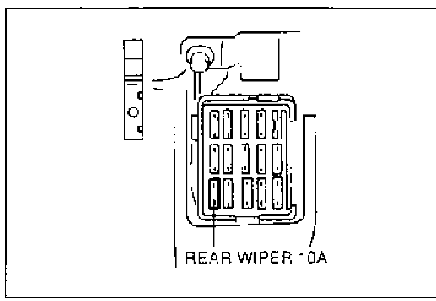 Illustration of the fuse block with an arrow pointing to the REAR WIPER 10A fuse.