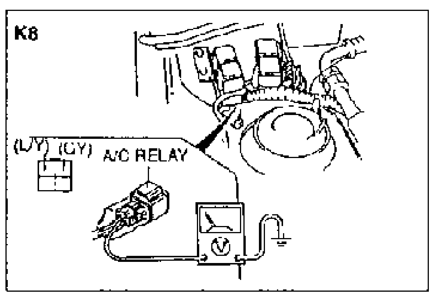 K8: measuring voltage at the A/C relay connector with a voltmeter to ground. Connector terminal layout shows wires (L/Y) and (GY).