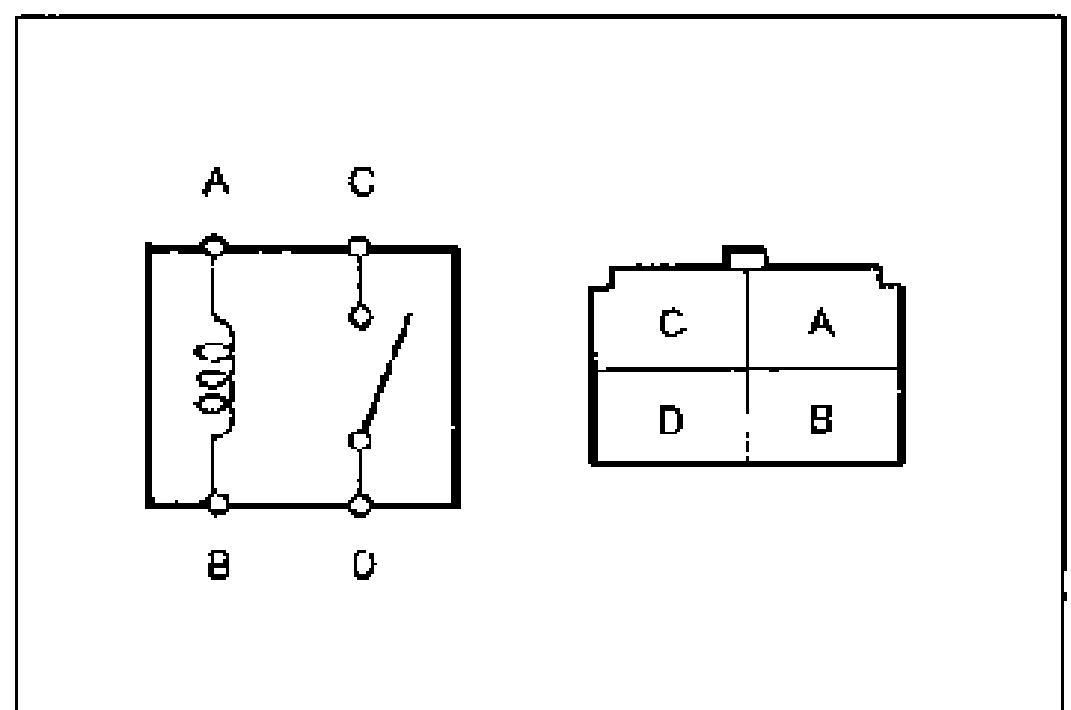 A/C relay internal schematic and connector terminal layout for the Step 3 continuity check. Coil between terminals A and B, contact between C and D. Connector pinout: C/A top row, D/B bottom row.