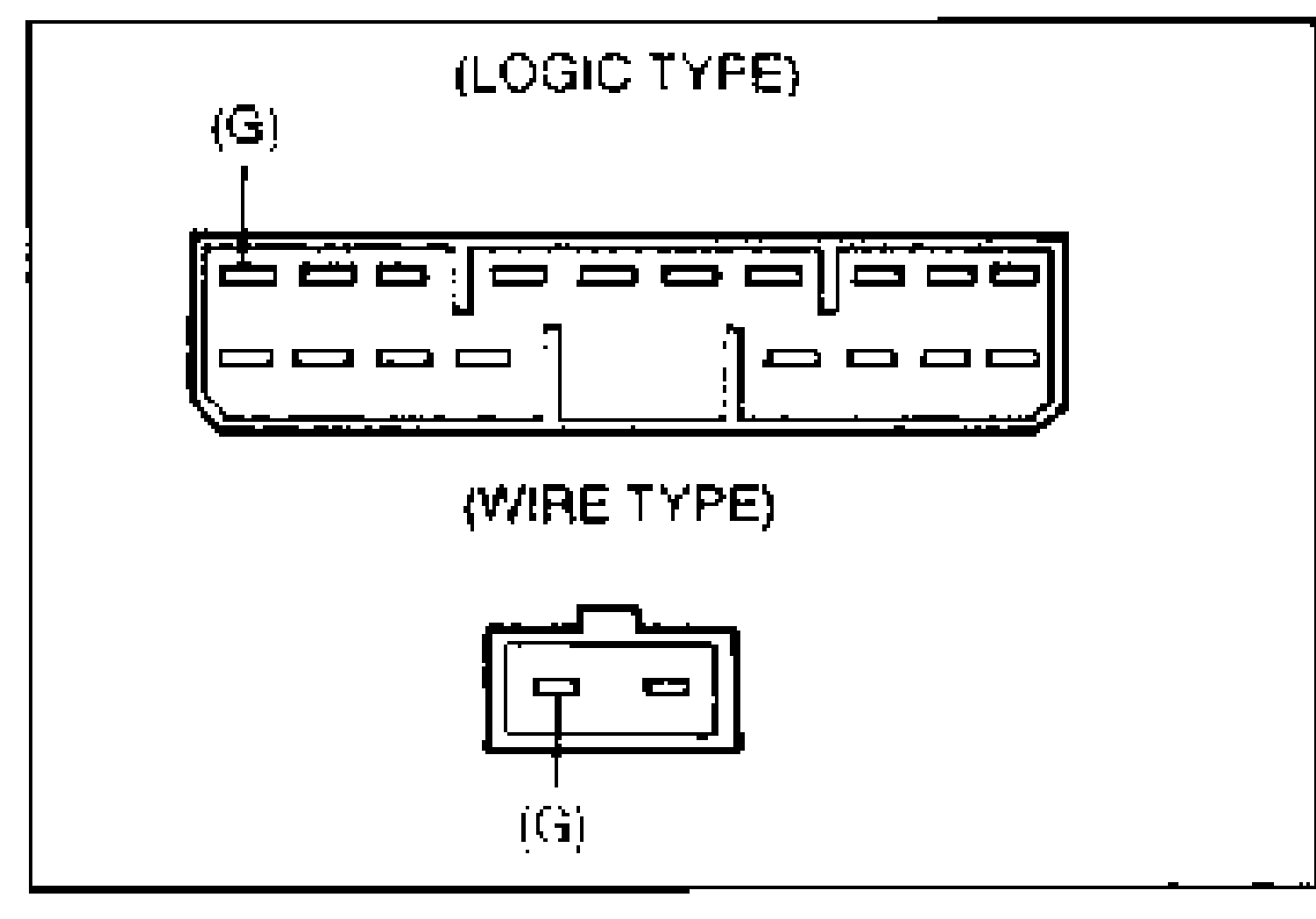 Heater control unit connector, LOGIC TYPE and WIRE TYPE views, with (G) terminal callout pointed out on both the multi-pin logic connector and the 2-pin wire connector.