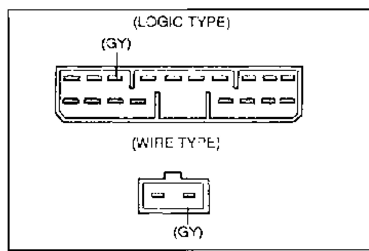 Heater control unit connector, LOGIC TYPE and WIRE TYPE views, with (GY) terminal callout on the logic connector and the 2-pin wire connector.