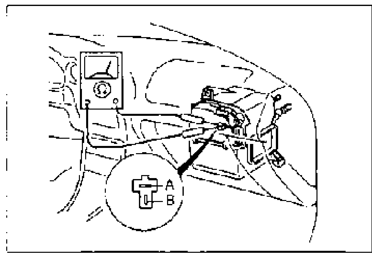 Thermoswitch connector location and continuity check between terminals A and B, with a meter and an inset detail showing terminals A and B on the connector.