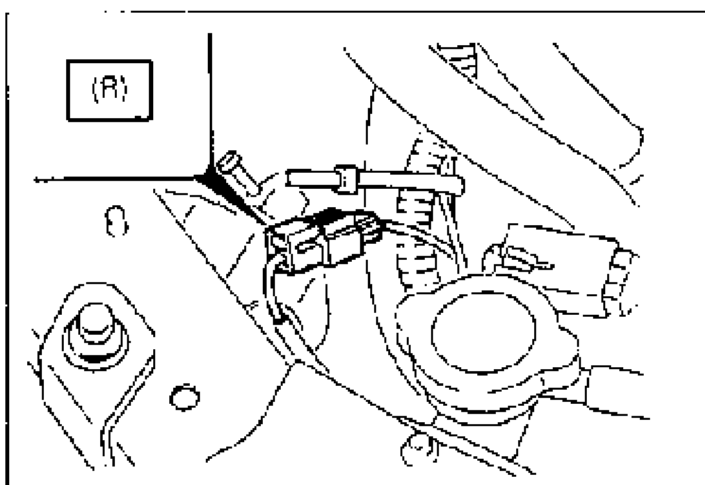 Engine bay view showing the magnetic clutch connector with the (R) terminal wire callout, harness routing near a fluid reservoir.