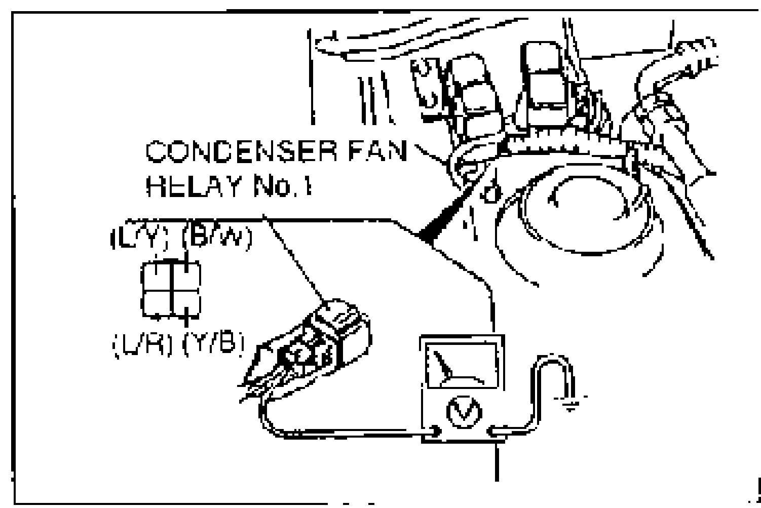 Condenser fan relay No.1 location in the engine bay, with a voltmeter connected to the relay connector. Terminal wires (L/Y), (B/W), (L/R), (Y/B) labeled on the connector.