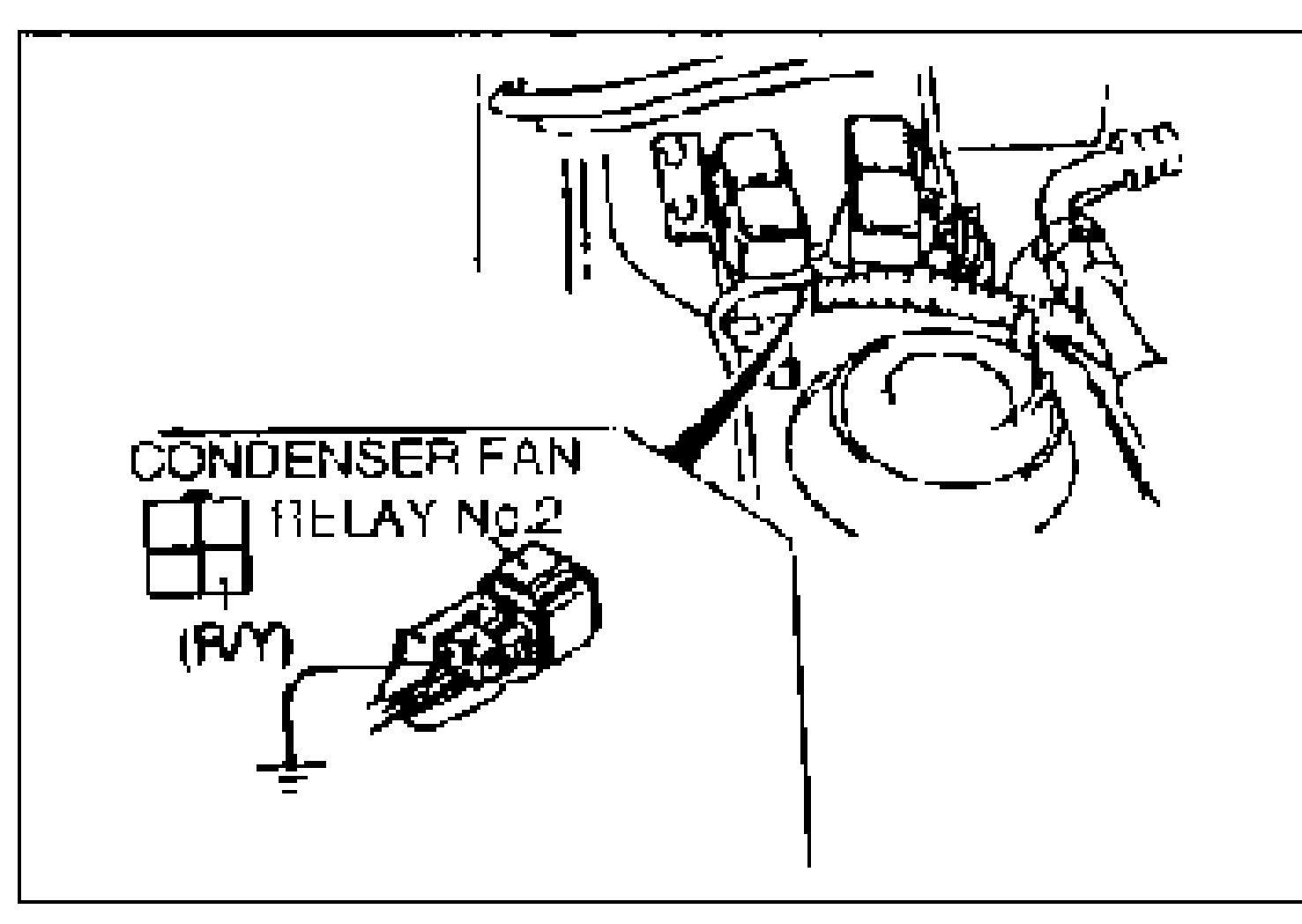 Condenser fan relay No.2 location in the engine bay with a jumper wire on the (R/Y) terminal routed to ground.