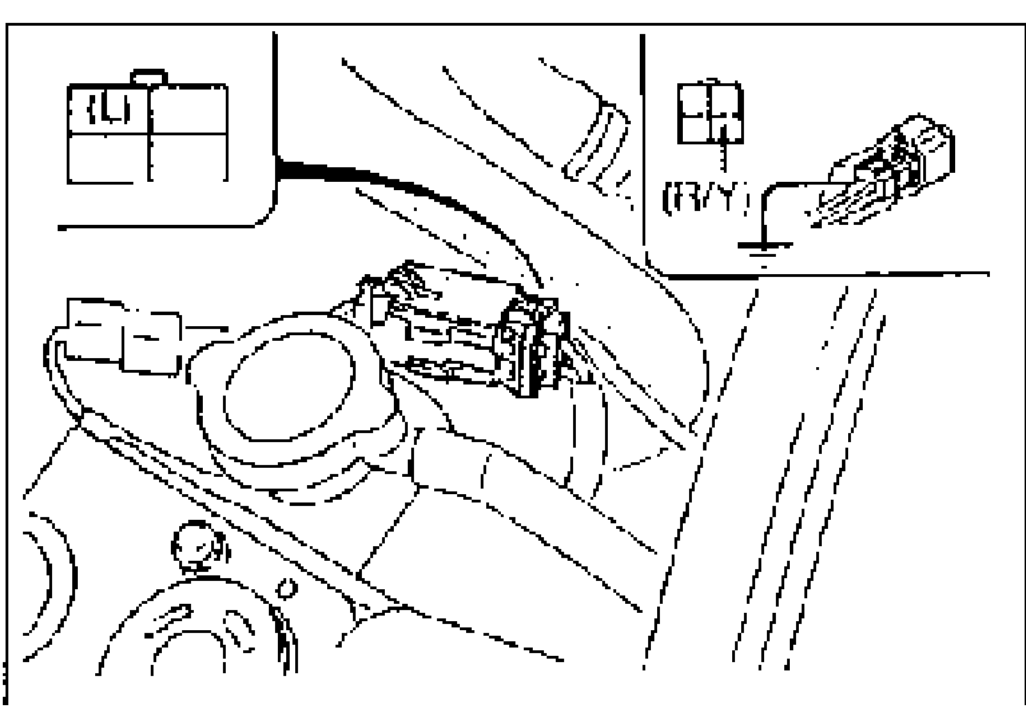 Condenser fan connector location with a voltmeter connected. Connector pin diagrams for (L) and (R/Y) shown as insets.