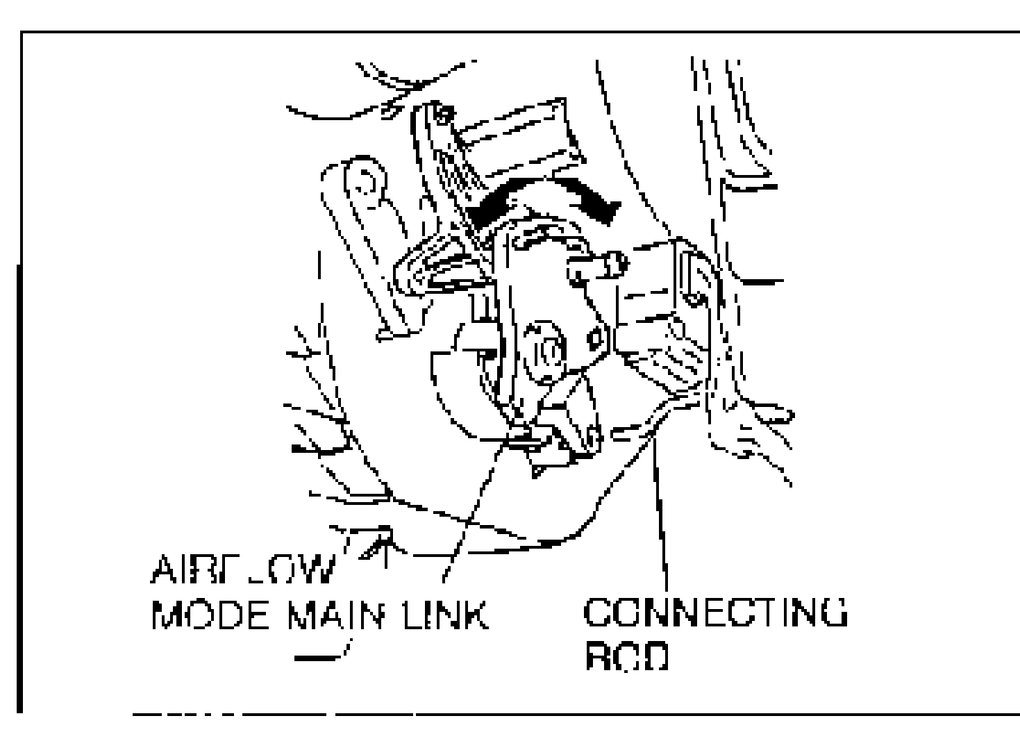 Airflow mode main link and connecting rod assembly, with arrows showing the link motion and the connecting rod that disconnects from the mode main link.