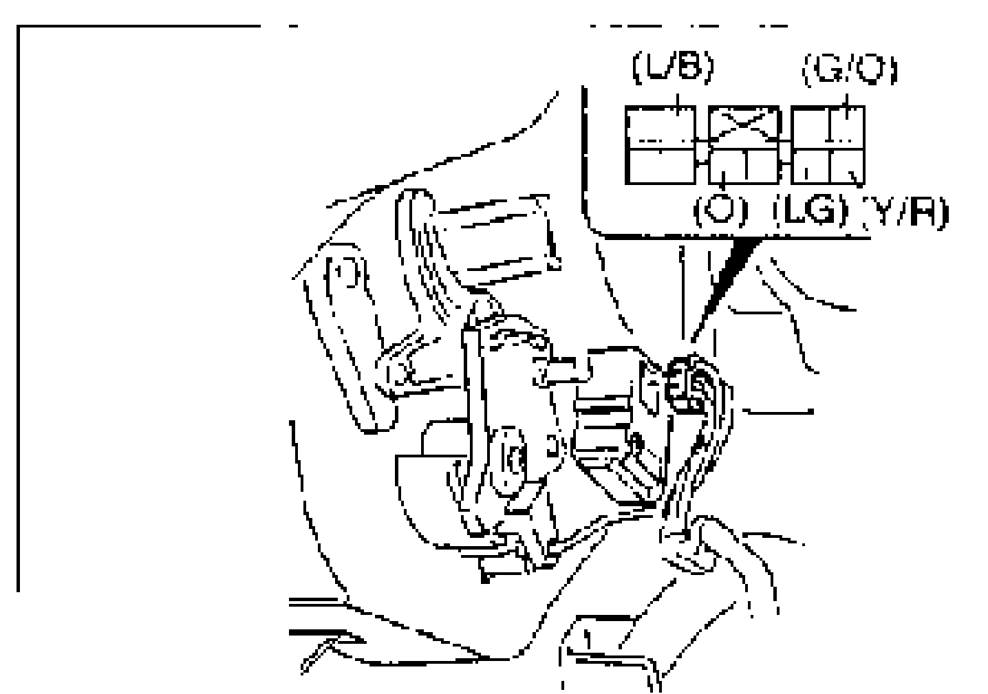 Airflow mode actuator connector with a probe. Connector pin diagram inset shows terminals (L/B), (G/O), (O), (LG), (Y/R).