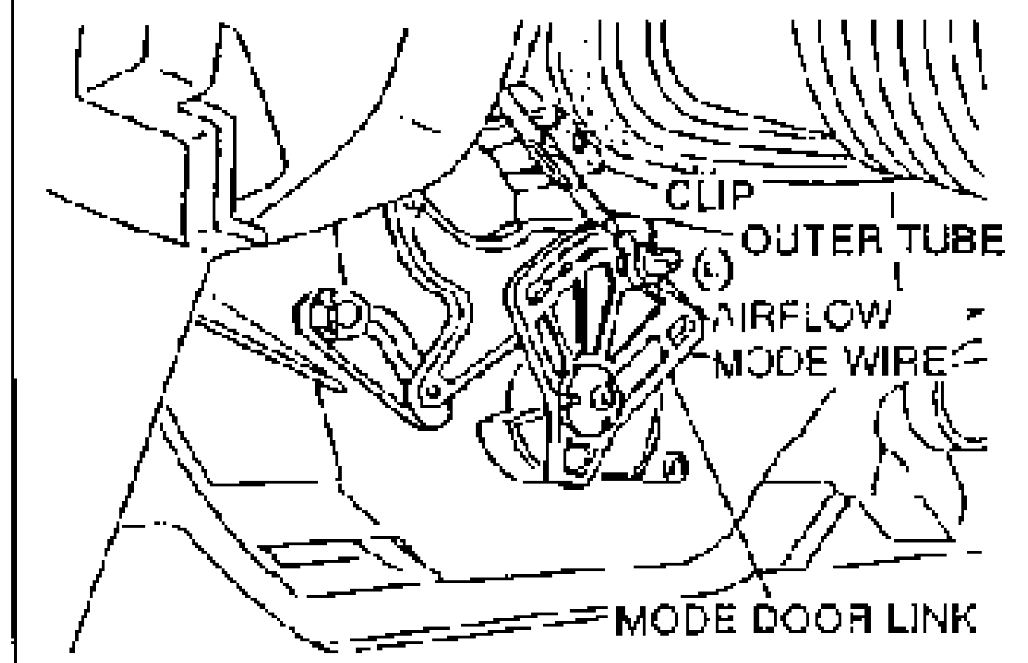Line illustration of the heater/airflow mode mechanism under the dash. Callout leaders point to CLIP, OUTER TUBE, AIRFLOW MODE WIRE, and MODE DOOR LINK.
