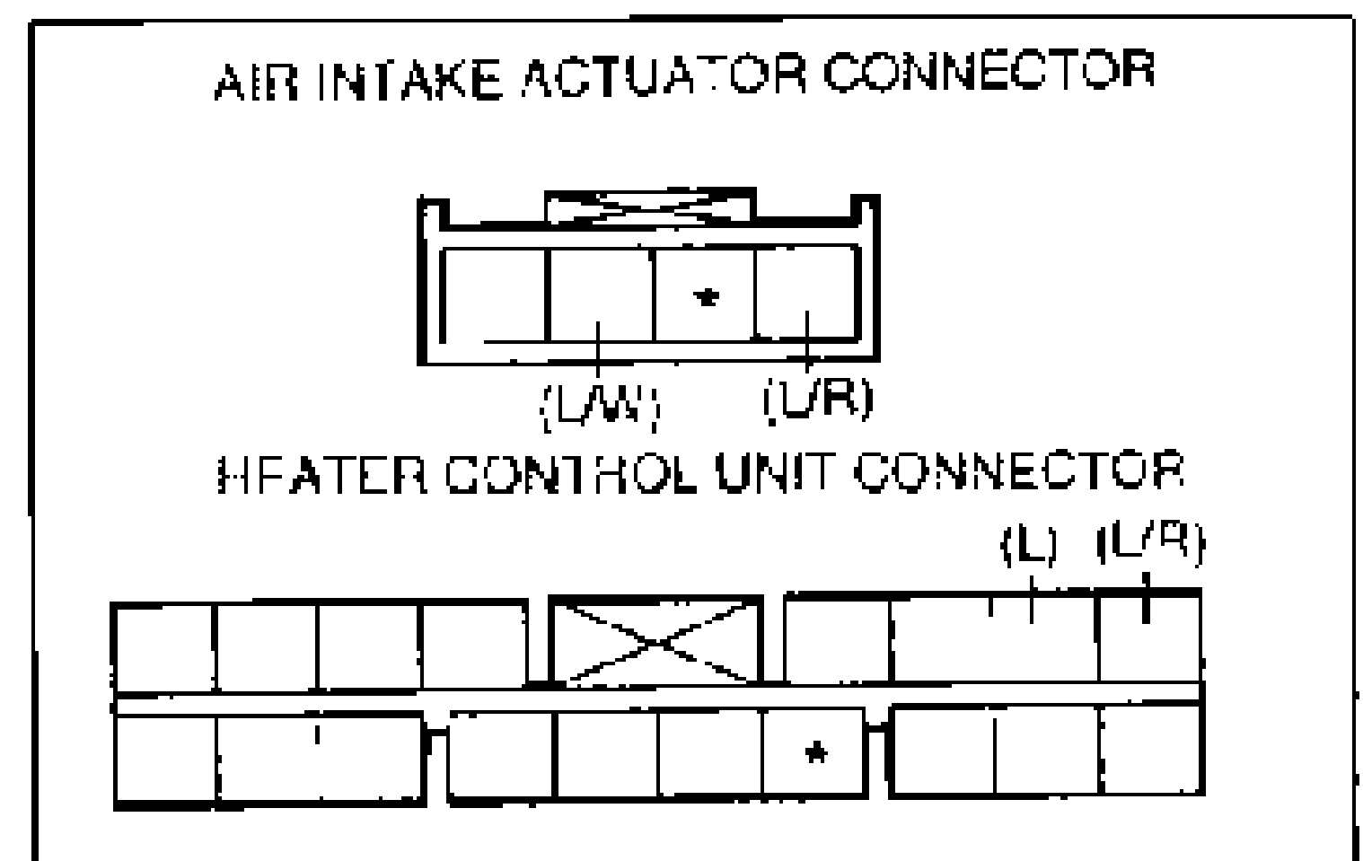 Two connector terminal layout diagrams. Top: AIR INTAKE ACTUATOR CONNECTOR with terminals (L/W) and (L/R). Bottom: HEATER CONTROL UNIT CONNECTOR with terminals (L) and (L/R) and additional unlabeled cavities.