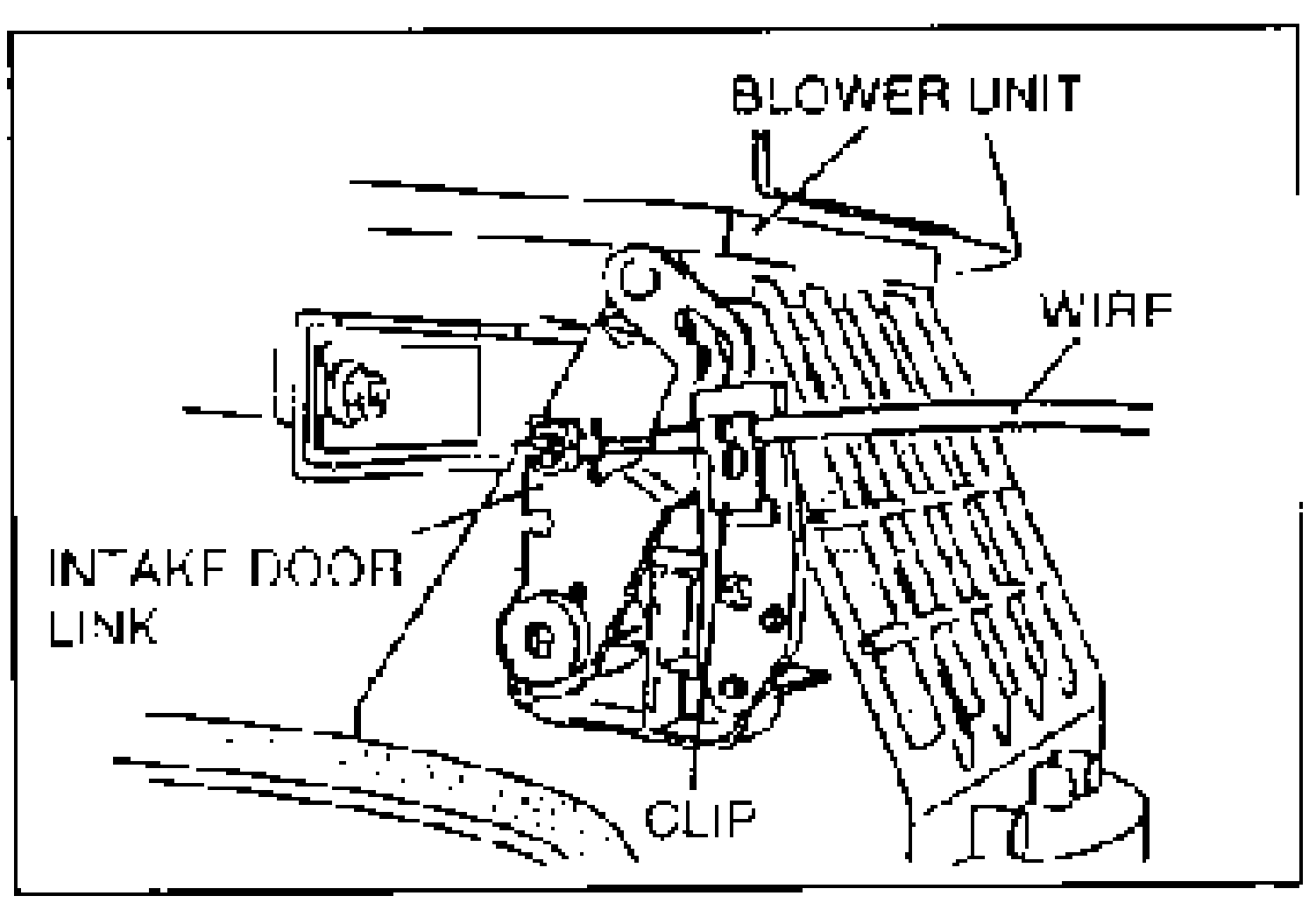 Line illustration of the air intake door mechanism behind the blower unit. Callout leaders point to BLOWER UNIT, WIRE, INTAKE DOOR LINK, and CLIP.