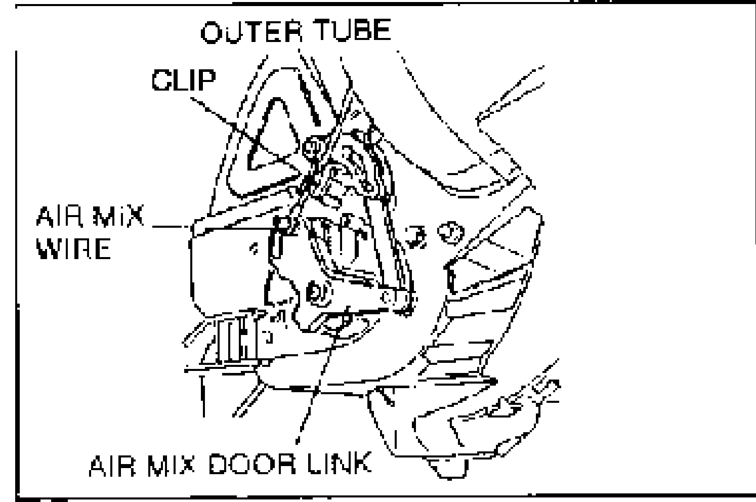 Line illustration of the air mix door mechanism. Callout leaders point to OUTER TUBE, CLIP, AIR MIX WIRE, and AIR MIX DOOR LINK.