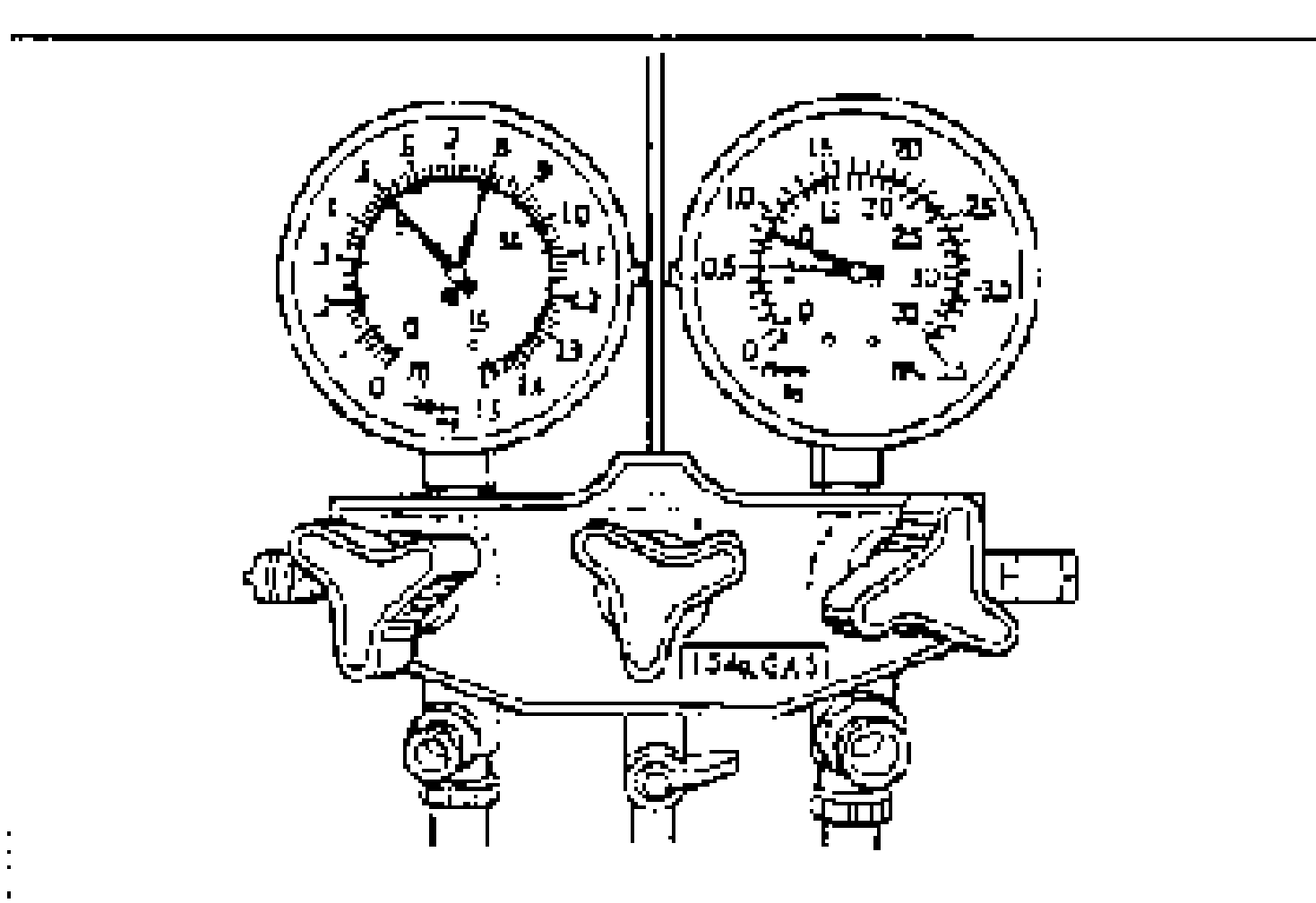 Illustration of a manifold gauge set with two pressure gauges (low and high side) mounted on a manifold body with hand valves and service hose connections.