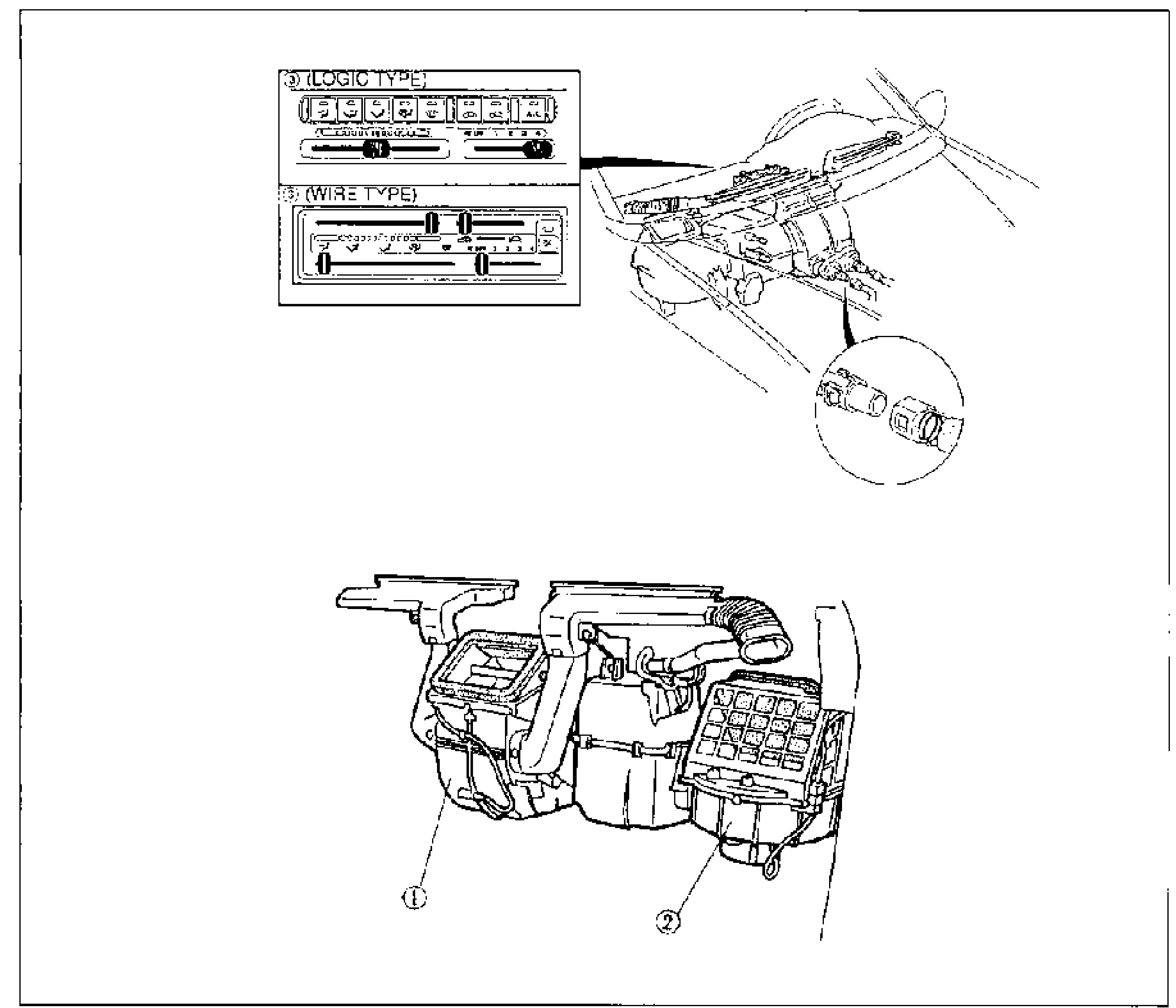 Structural view of the heater system. Top-left insets show the heater control panel for (3) LOGIC TYPE (push-button mode/recirc controls with two sliders) and (3) WIRE TYPE (lever-type control with sliders). Top-right shows the dash/wiring routing with a connector detail. Lower center shows the heater unit and blower unit assembly. Numbered callouts: 1 = Heater unit, 2 = Blower unit, 3 = Heater control unit.