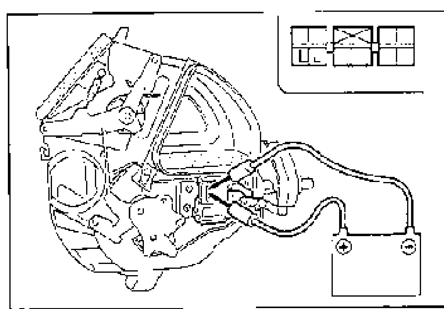 Line drawing of the heater/cooling unit with the airflow mode actuator connector disconnected and battery positive voltage applied to terminals L and J. An inset at top-right shows the actuator connector terminal layout with an X marking. A battery symbol is shown at lower right.